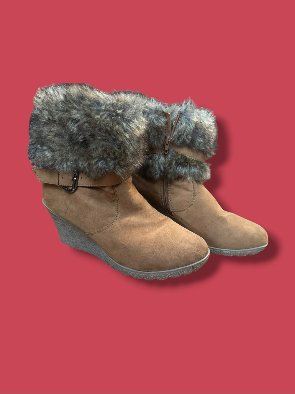 Rue21 Tan Faux-Fur Cuff Wedge Ankle Boots